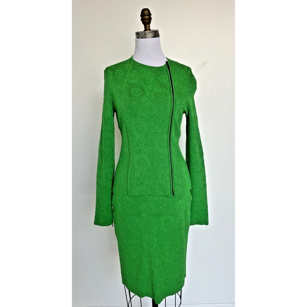 RET $2500 Paula Hian Green Skirt and Asymmetrical Jacket 2pc Set Size Small